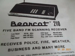 Copy of Manual for Vintage Electra Bearcat 210 Five Band Scanning Receiver - Picture 1 of 3