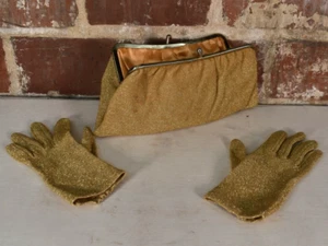 Vintage Gold Glitter Kiss Closure Clutch and Gloves Set - Picture 1 of 5