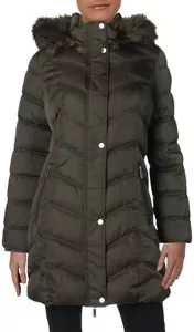 Kenneth Cole New York Chevron Quilted Puffer Faux Fur Trimmed Hood womens jacket - Picture 1 of 2