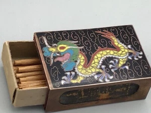 Qing Dragon Cloisonné Matchbox Holder Enamel Copper Chinese ca.1880 w/Matches - Picture 1 of 9