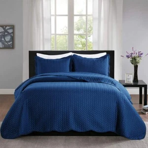 3 Piece Navy Quilted Bedspread Twin Queen King Size Embossed Coverlet Bed Throws - Picture 1 of 39