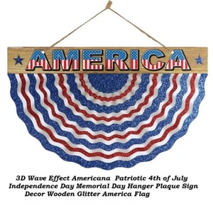 3D Effect Americana Hanger Plaque Sign Patriotic Decor Wood Glitter America Flag - Picture 1 of 8
