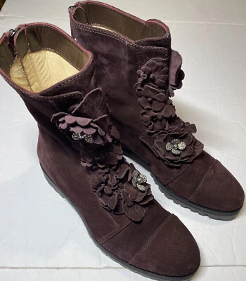 JIMMY CHOO Havana Flat Burgundy Suede Boots Floral Flower 41 EU 10 US *See Disc* - Image 1 of 4