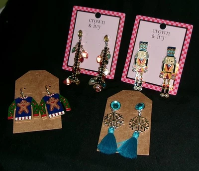 Christmas Earring Lot of 4 Dangle Snowflakes Sweaters Nutcracker Christmas Light - Image 1 of 4