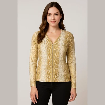 Boston Proper Gold White Snakeskin Metallic Knit Zip Up Cardigan Sweater S - Image 1 of 4