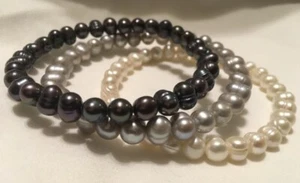 Honora Pearl Set Bracelets | 3 Fixed Potato Pearl Circles - Black, Silver, White - Picture 1 of 5