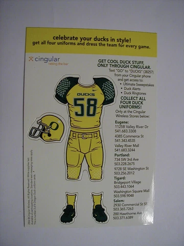 Cingular U O University Oregon Ducks Football Magnet 2006 #58 Yellow Uniform UO Cover