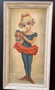 Big Eyed Girl Ballerina Dancer Oil Painting Paint by Number MCM 1960s Framed PBN - Picture 1 of 7