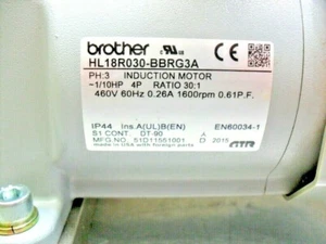  BROTHER INDUCTION MOTOR HL18R030-BBRG3A 3/4" Shaft, 3ph, 30:1 ratio - Picture 1 of 3
