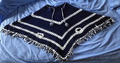 Handmade Crocheted Poncho Navy And White with hand holes - Image 1 of 4