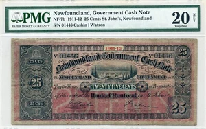 1911-12 25 Cent Newfoundland, Government Cash Note NF-7b, Very Fine, PMG VF20 - Picture 1 of 2