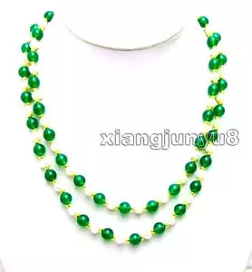 SALE 6-7mm White Natural FW Pearl & 8mm Round Green Jade 40'' Necklace-nec1027 - Picture 1 of 5