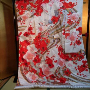 Iro-uchikake Kimono Japanese Traditional Wedding White Red Plum Crane used - Picture 1 of 5
