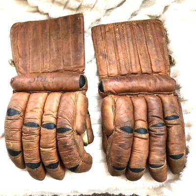 Vintage /Antique RARE 1930-40’s Cooper-Weekes? Leather Ice Hockey Gloves - Image 1 of 4