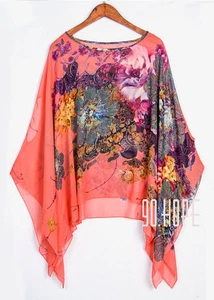 UK 16-22 SUMMER LADIES SEMI SHEER CHIFFON BATWING SLEEVE PRINT KAFTAN TUNIC TOPS - Picture 1 of 35