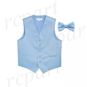 New Men's Formal Tuxedo Vest Waistcoat_Bowtie solid light blue wedding prom - Picture 1 of 4