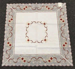 White Embroidered Red Ruby Burgundy Rhinestone Embroidery Tablecloth 33" Square - Picture 1 of 12
