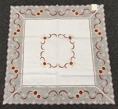 White Embroidered Red Ruby Burgundy Rhinestone Embroidery Tablecloth 33" Square - Image 1 of 4