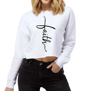 Womens Cropped Graphic Sweatshirt - Faith Script Cross Black - Picture 1 of 8