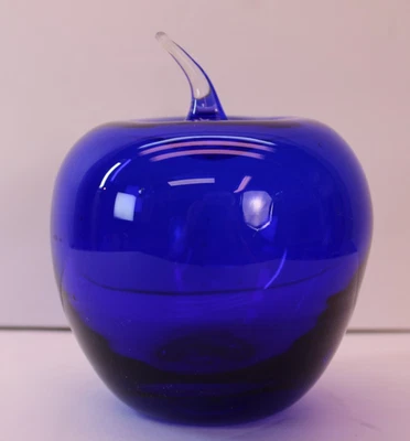 Lg Cobalt Blue Blown Glass Apple w Clear Stem Heavy Paperweight 5x4 Pretty! - Image 1 of 4