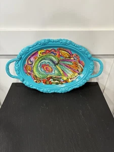 Vintage Flowering Medium Teal Blue Metal Tray Bar Tray Wall Art - Picture 1 of 10