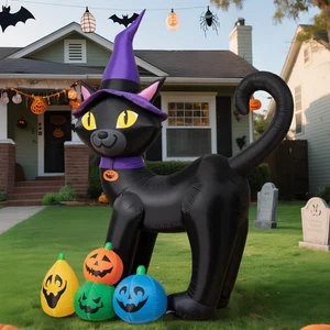 6FT Halloween Inflatable Black Cat with Witch Hat and 4 Colorful Pumpkins, Cu... - Picture 1 of 8