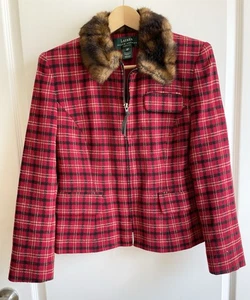Vintage Lauren Ralph Lauren Preppy Plaid Wool Faux Fur Collar Jacket Size 6P - Picture 1 of 10