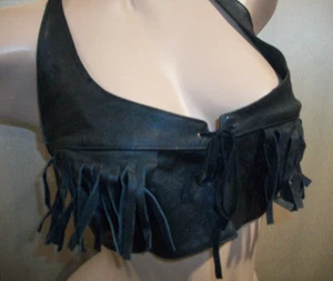 Vtg Leather Fringe Halter Biker Lace Up Crop Tank Top 36 40 CD M L - Picture 1 of 5