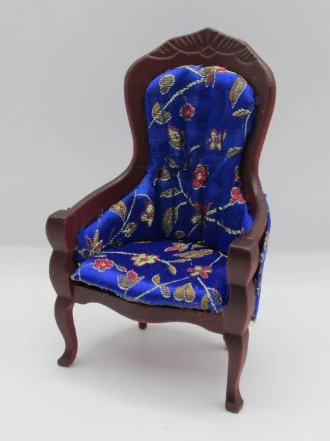 娃娃屋微型木质维多利亚蓝色花卉绅士椅桃花心木CLA10094 — 第 1/1 张图片