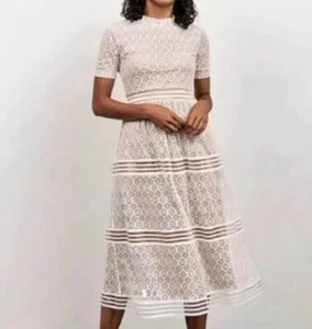 New Baltic Born Windsor Lace Tiered Midi Dress Ivory Size Large - Picture 1 of 1