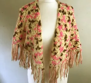 Hand crochet Pink & Beige granny shawl Fringed Poncho Cloak Cape Boho Hippy - Picture 1 of 4