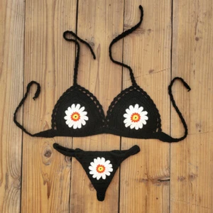  Hand Crochet Beach Bikini Ecstatic Dance Top Bottom Women Flower Boho Swimwear - Picture 1 of 14