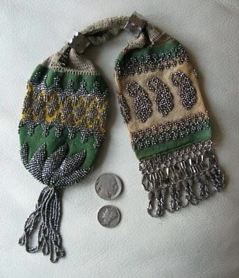 Bolsa antiga verde amarela crochê prata paisley aço franja miserável 1800s - Imagem 1 de 4