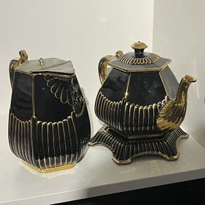 Vintage Victorian Jackfield Gibson Teapot, Milk Jug, Saucer Black & Gold - Picture 1 of 8