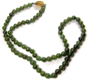 1920s Chinese Export Art Deco Spinach Jade Bead Necklace Gold Vermeil Closure - Picture 1 of 5