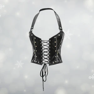 Real Leather Overbust Corset Waist Trainer Steel Boned Gothic Bustier Top - Picture 1 of 5