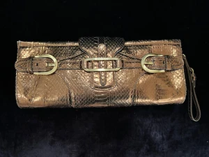 Jimmy Choo Tulita Clutch Bronze Brown Wristlet Gold Buckle Hardware Zip Closure - Picture 1 of 17
