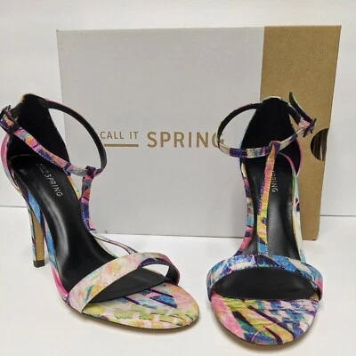 Call it Spring Colorful Print Heels Size 6.5 with Ankle Strap T Strap Adjustable - Image 1 of 4