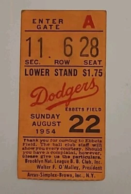 1954 年布鲁克林道奇队 Jackie Robinson Ebbets 现场门票存根纽约 8 月 22 日 — 第 1/4 张图片