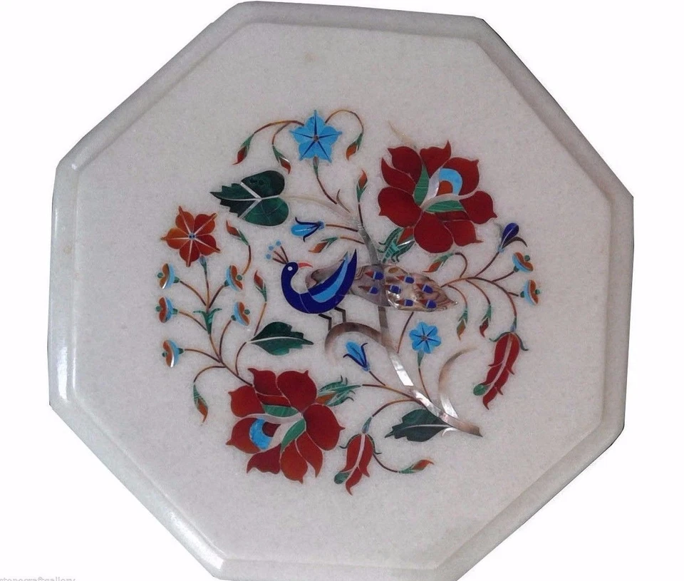 12" Marble Side End Table Top Peacock Inlay Handmade Art Home Decor - Image 1 of 1