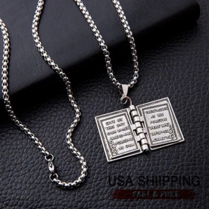 Vintage Silver Cross Bible Book Unique Jewelry Pendant Necklace Men Women - Picture 1 of 4