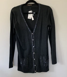 NWT $138 Adrienne Vittadini M Silk Gray Sweater Cardigan Black Beading Sequins - Picture 1 of 8