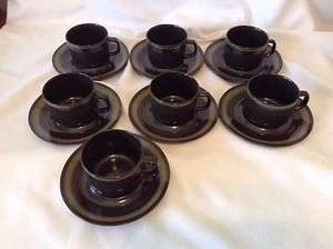 Mikasa Palma Majorca Coffee Tea Flat Cup Saucer Set 2.5" Dark Brown Yellow Band - Picture 1 of 10