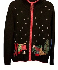 Christmas Sweater Cardigan Ugly Cute Kitsch Black Ski Chalet Lodge Womens Med - Picture 1 of 22