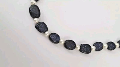 NWOT Blue Goldstone/Faux Pearl Spacer 19" Necklace Toggle Clasp - Image 1 of 4