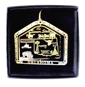 Oklahoma Brass Ornament, Sooner State Landmarks, Personalize with Year Charm - Picture 1 of 9
