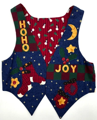 Ho Ho Christmas Holiday Childrens Handcrafted Reversible Vest Large Blue Cotton - Image 1 of 4