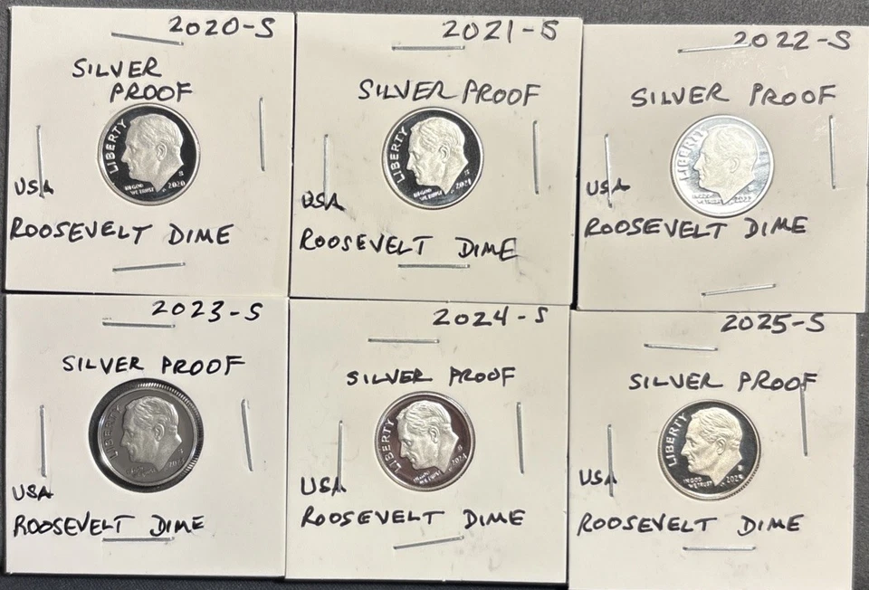 Juego de 6 monedas de diez centavos Roosevelt 2020 S 2021 S 2022 S 2023 S 2024 S 2025 S prueba de plata Foto 1 de 1