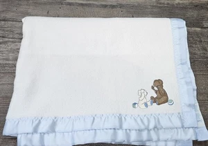 Carters Teddy Bear Puppy Dog Baby Blanket White Satin Blue Trim Vintage Made USA - Picture 1 of 6