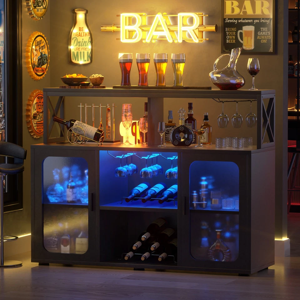 47" Wine Bar Cabinet Liquor Storage with LED Lights ＆Power Outlets ＆Glass Holder - Image 1 of 4